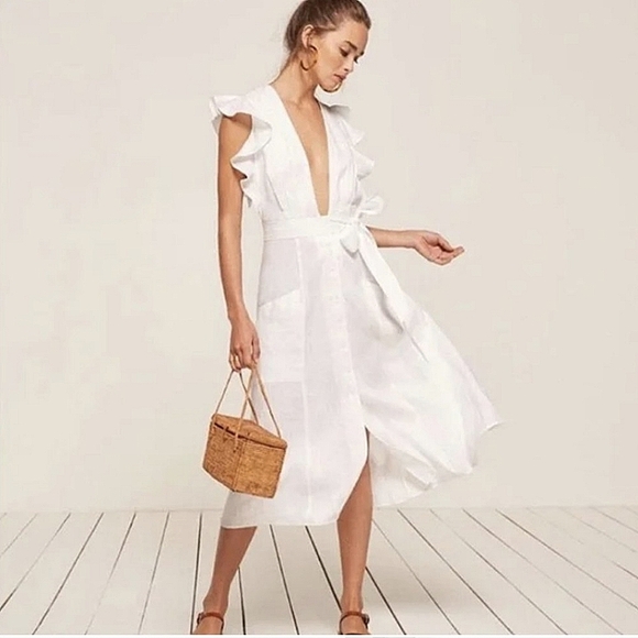 Reformation Serengeti White Linen Summer Dress XS - Flutter Ruffle Sleeves - Picture 1 of 8